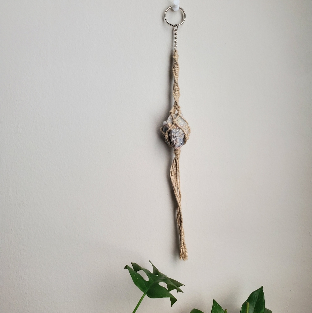 Macrame Aquamarine Rough Rock Crystal Keychain